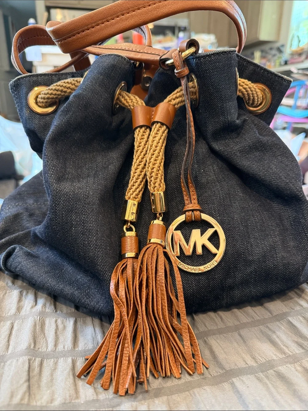 Michael Kors Navy Denim & Brown Leather Tassel Drawstring Hobo